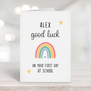 Tarjeta "Buena suerte en tu primer día de clases", preescolar, regreso a clases, regalo personalizado, tarjeta arcoíris, primer día de clases, orgulloso de ti