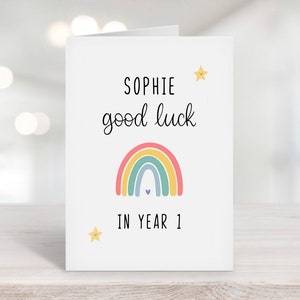Viel Glück in der Schule Karte, jedes Jahr, Schulanfang Geschenk, Jahr 1, Jahr 2, Grundschule 1, personalisierte Karte, erster Schultag, Regenbogenkarte