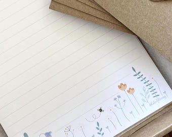 A5 Lined Writing Paper, With Envelopes, Floral Note Paper, Birthday Gift, For Her, Wedding, Botanical, Wildflower, Eco-Friendly