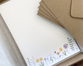 Floral Writing Paper, With Envelopes, A5, Christmas Gift, Spring, April Birthday, Lined Note Paper, For Her, Wildflowers, Eco-Friendly