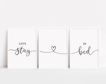 Set Of 3 Let's Stay In Bed, Bedroom Prints, Above Bed Decor, Anniversary Gift, Wedding Wall Art, For Her, Heart, Minimalist, A3 Prints, A4