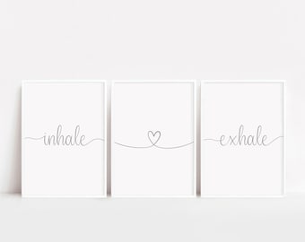 Set Of 3 Prints, Inhale Exhale, Grey Bedroom Decor, Bathroom Wall Art, Kitchen, Gift For Her, Best Friend, Triple Prints, Reminder, A4, A3
