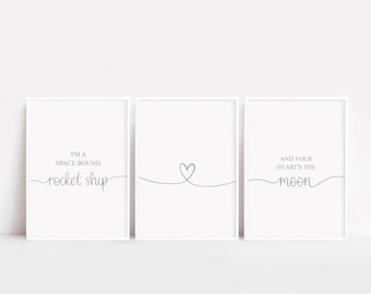 Foguete com destino ao espaço, impressões de letras, presente de aniversário, decoração de quarto, acima da cama, seu coração, para ela, para ele, impressões minimalistas, A3, A4