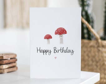 Mushroom Card, Cute Birthday Card, May Birthday Gift, Card For Her, For Him, Husband, Wife, Fiance, Happy Birthday, Illustrated Card