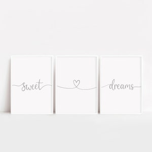 Grey Sweet Dreams, Bedroom Prints, Above Bed Decor, Set Of 3, Nursery Wall Art, Anniversary, Wedding, Gift For Her, For Him, A3 Prints, A4