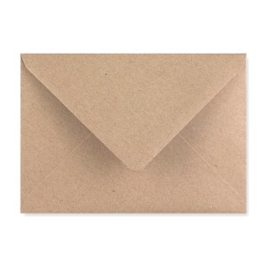 May include: A closed, light brown envelope with a triangular flap. The envelope is made of a textured paper material and is set against a white background. The envelope is designed for mailing letters or cards.