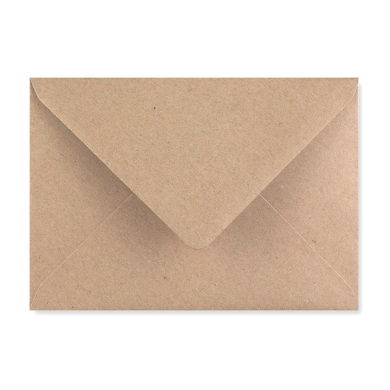 May include: A closed, light brown envelope with a triangular flap. The envelope is made of a textured paper material and is set against a white background. The envelope is designed for mailing letters or cards.