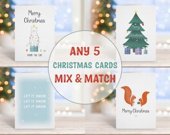 Mix and Match, Packung mit 5 Karten, Frohe Weihnachtskarten, Weihnachtsgeschenk, Karte für Mama, Papa, Freund, moderne Karten, Weihnachtskartenpaket, handgefertigt