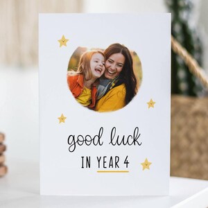 Buona fortuna per il quarto anno, biglietto fotografico carino, biglietto scolastico personalizzato, asilo nido, quarto anno, per figlia, figlio, nipote