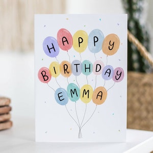 Biglietto di auguri di compleanno personalizzato, qualsiasi nome, palloncini colorati, compleanno di giugno, biglietto per figlia, per figlio, per lei, 1°, 5°, 10° compleanno