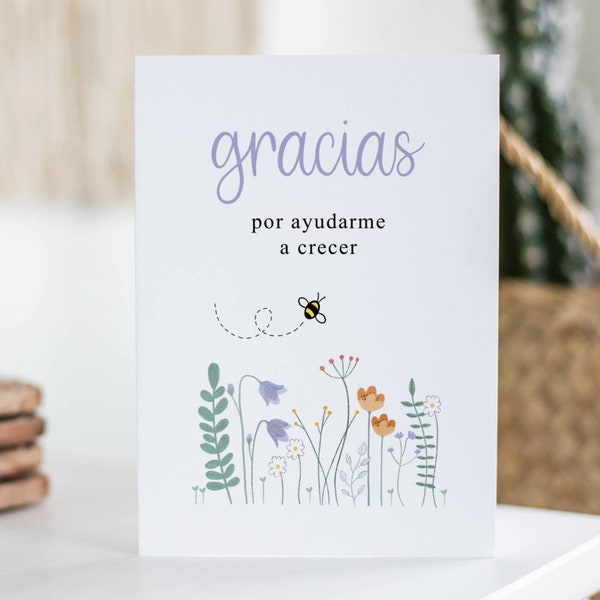 Spanish Thank You For Helping Me Grow, Gracias, Teacher Card, Teacher Gift, May Birthday, Wildflowers, For Her, Card For Mum