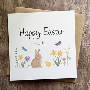 Frohe Ostern Karte, Hase, Osterkarte, Frühlings Illustration, quadratische Karte für Ostern, Blumen Karte, Narzisse, Küken, Ostergeschenk