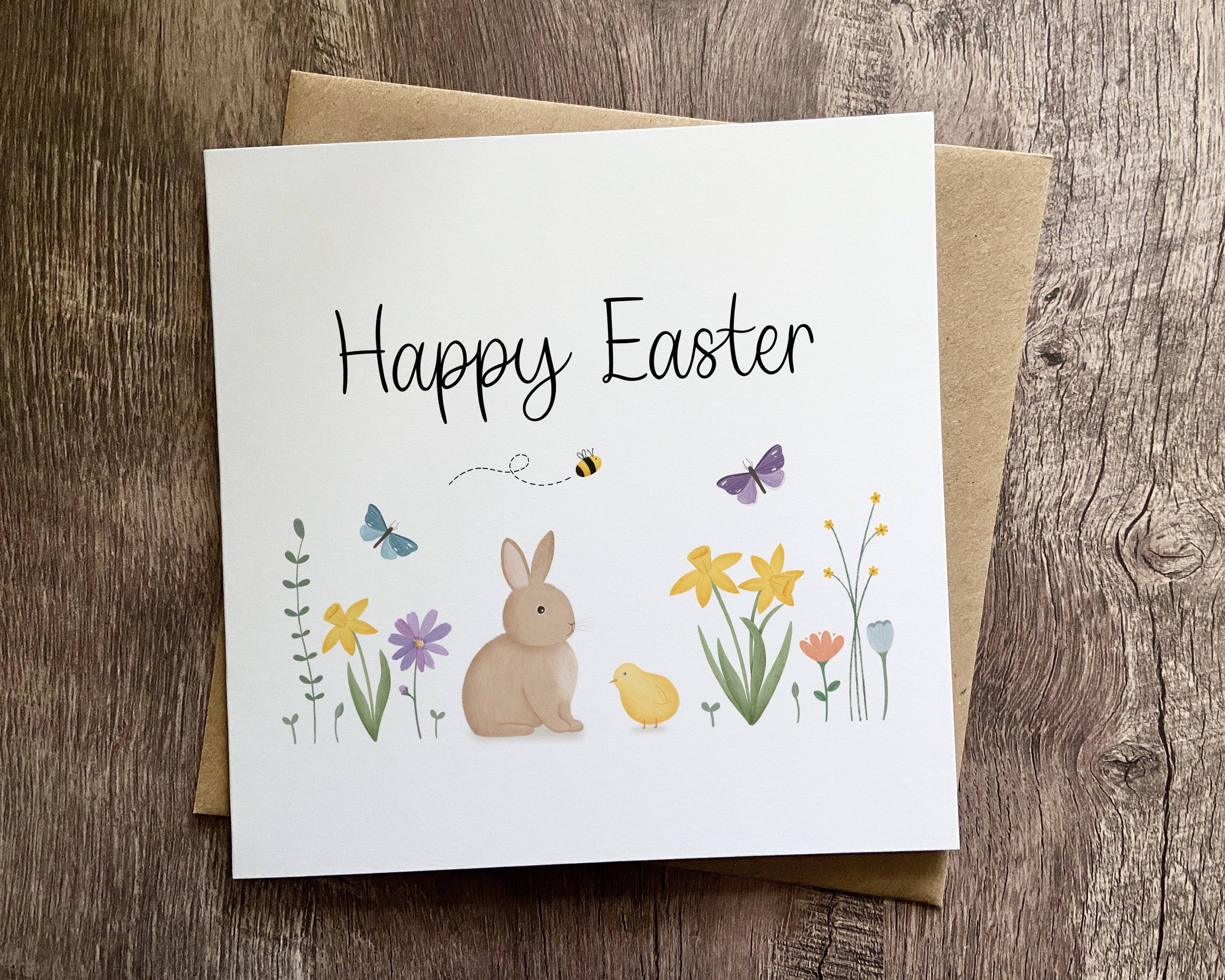 ウサギの花柄置物 Happy Easter ハッピーイースターカード、ウサギ、花柄カード、水仙、イースターの