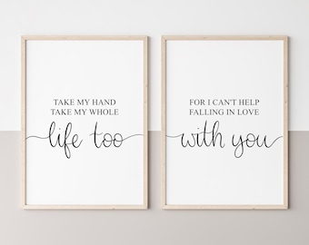 Set Of 2 Lyrics Prints, Bedroom Decor, Anniversary Gift, Above Bed, Wedding Lyrics, Falling In Love, August Birthday Gift, Living Room