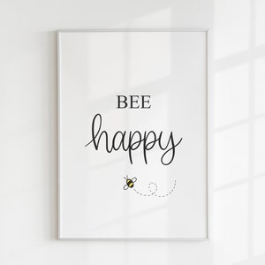 Bee Happy Print, sztuka ścienna z pszczołami, prezent urodzinowy w czerwcu, dla niej, dla mamy, przyjaciółki, galeria ścienna, salon, nadruk z pszczołami, pozytywna sztuka ścienna