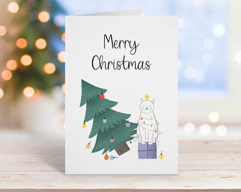 Cat Christmas Card, Merry Christmas Tree Card, Cute Cat Card, From The Cat, Christmas Gift For Mum, From Daughter, For Her, Xmas Cards