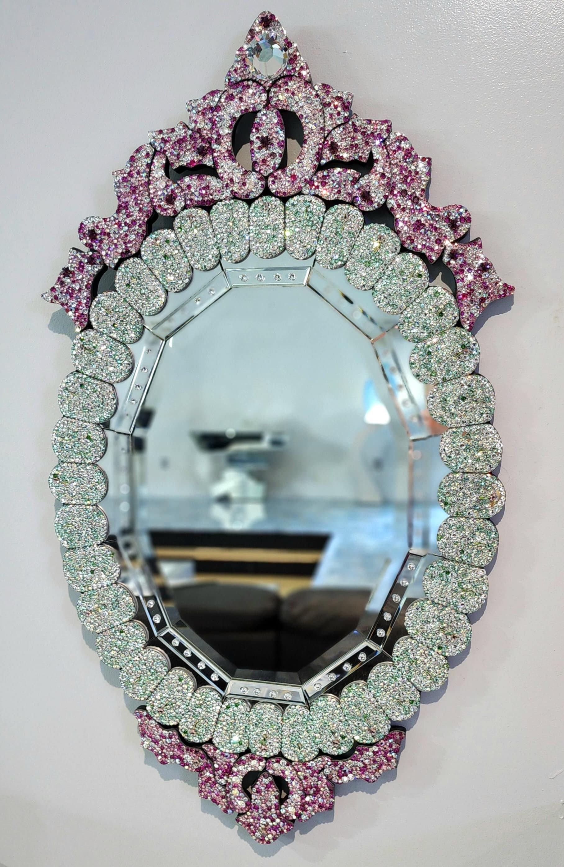 Upcycled Rare Swarovski Crystal Beveled Mirror, Pink & Green  display picture 1