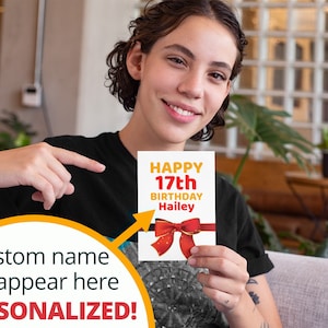 Gelukkige 17e verjaardagskaart - Afdrukbaar, gepersonaliseerd met de naam van uw vriend - Aangepaste afdrukbare download beschikbaar binnen een uur
