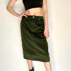 Vintage Corduroy Dark Green Low Waist Midi Skirt (4)