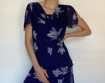 Vestido Floral Vintage Azul Con Volantes (S-M)