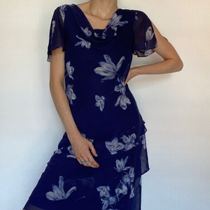 Vintage Blue Ruffled Floral Dress (S-M)