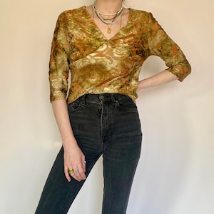 Vintage Y2K Green Velvet Rose 3/4 Sleeve Blouse (M)