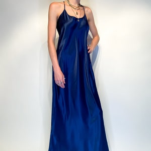 Vintage Navy Blue Halter Maxi Lingerie Slip Dress (L)