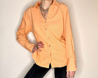 Vintage Peach Light Orange Corduroy Shirt Blouse (XL)