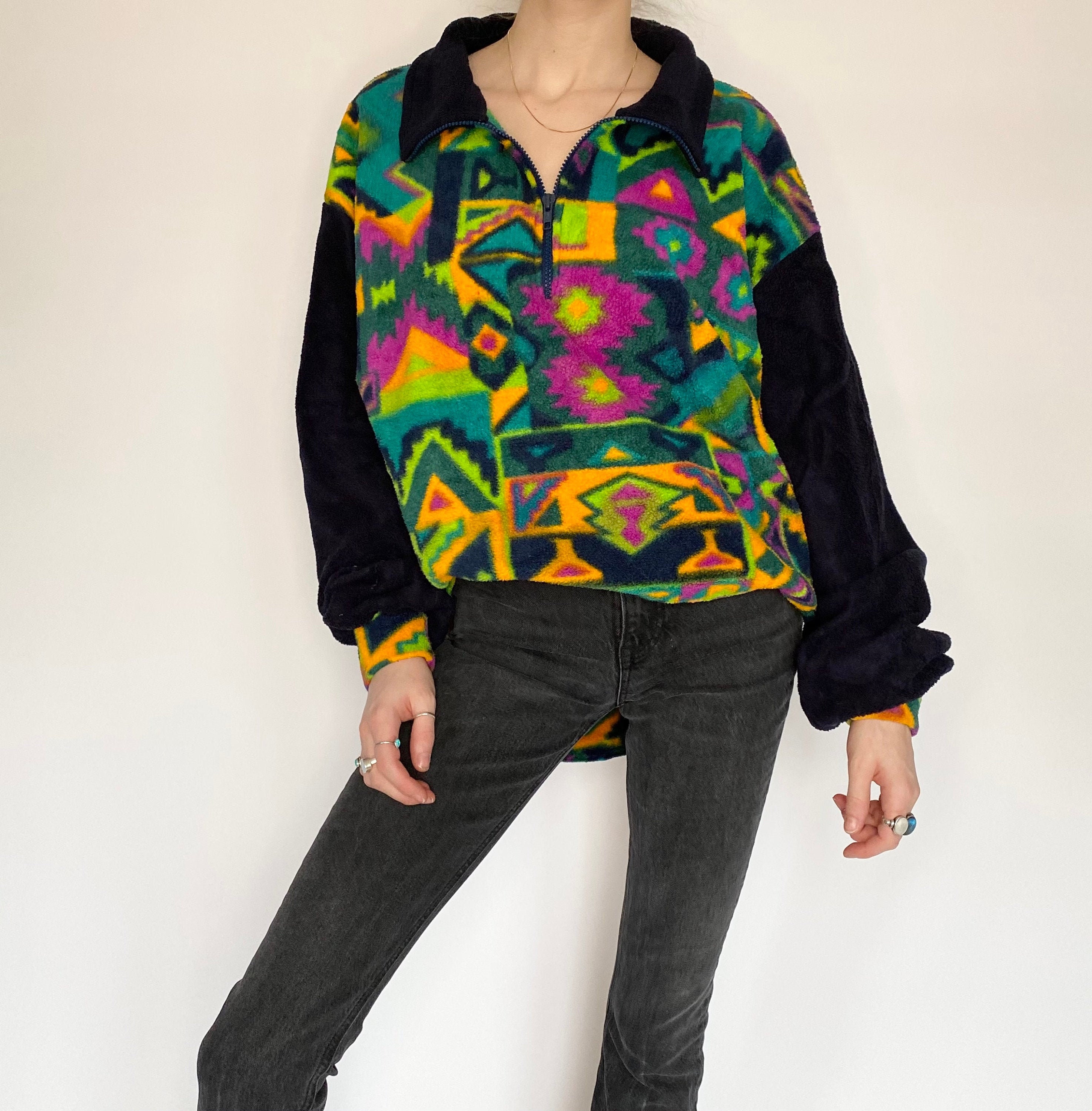 Vintage Colourful Fleece Sweater (L) - Etsy