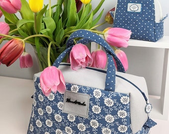 Bag with cosmetics pouch, trapeze bag, set of bags, blue bags, floral print bag, spring accessories, cosmetic bags,2in1 handbags, Boston bag