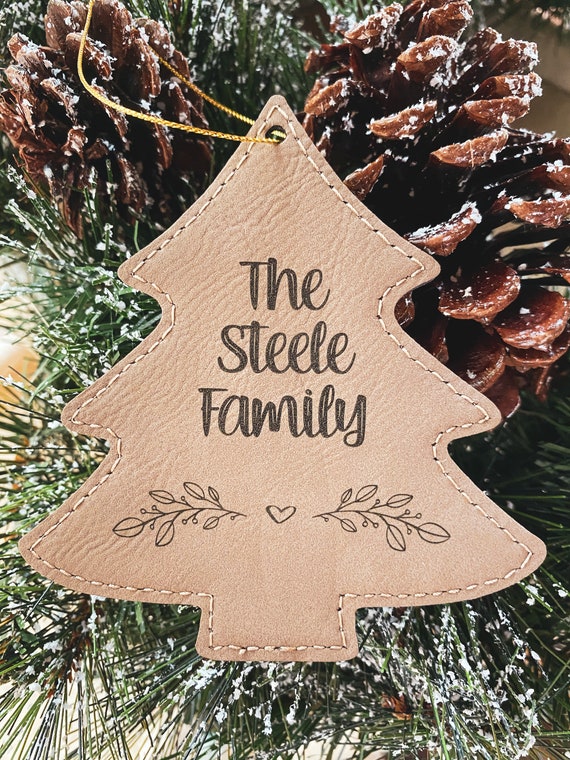 Light Brown Faux Leather Christmas Tree with Family Name Rustic Housewarming Gift Home Gift Personalized Christmas Ornament