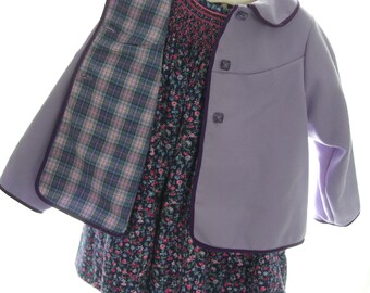 Purple Wool Jacket with Twill Floral Print Hand Smocked Dress and slip and panites.