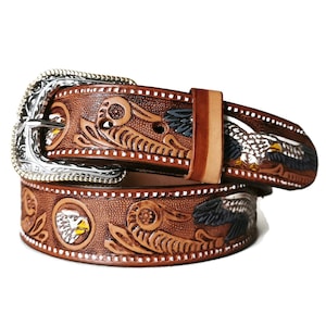 Handmade Brown Leather Rodeo Belt: Embossed Eagle Cowboy Western Belt