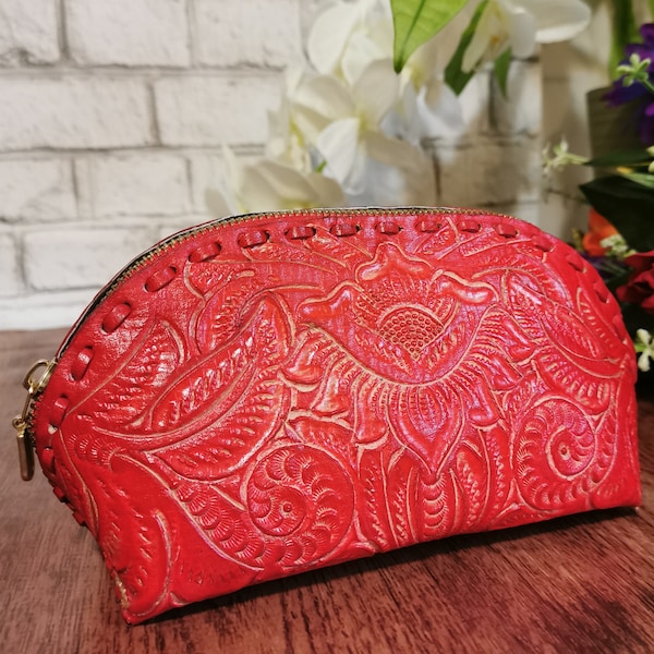 COSMETIC BAG For Women, LEATHER , Makeup Bag,  Cosmetic Pouch, Hand tooled Leather