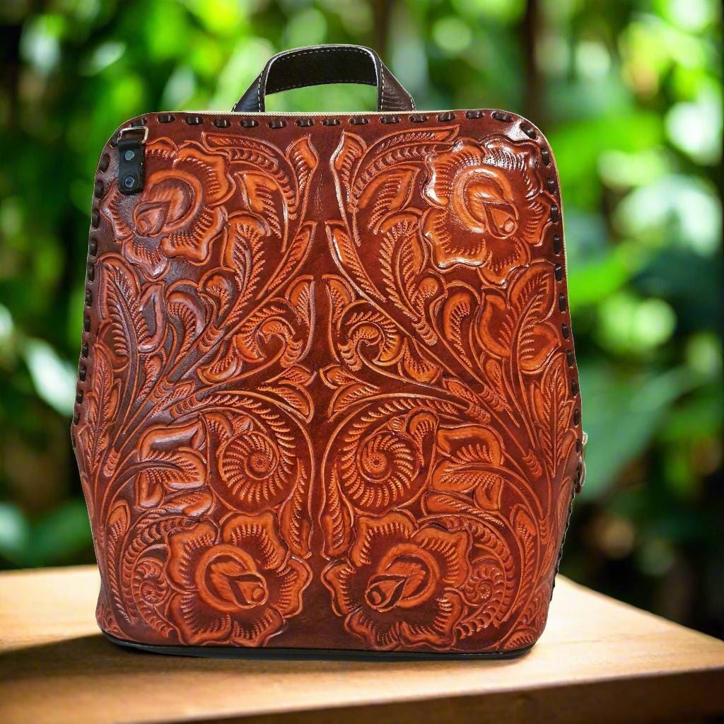 Hand-Tooled Leather Backpack - Red Brown Hand-Tooled Brown Leather Backpack – Paraiso Mi Tierra main image 4