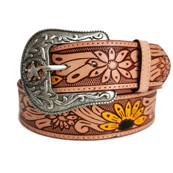 Handmade Brown Leather Belt: Sunflower Embossed Western  display picture 1