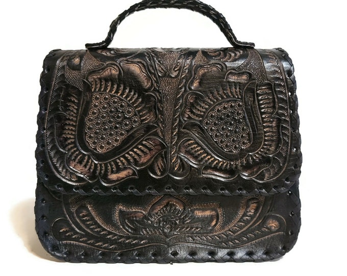 Hand Tooled Leather Bag for women ,  brown leather purse,Gift for Her