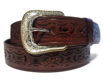 Brown Leather Western Belt for Men Removable Buckle, Cowboy Rodeo Style