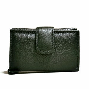 Cartera pequeña de piel para mujer, cartera triple, hecha a mano con piel auténtica, cartera negra para tarjetas, con bolsillo con cremallera para monedas.