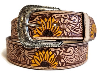 Leather belt for women,  sunflower leather belt for women, brown belt, casual belt for women, genuine leather belt , embossed belt