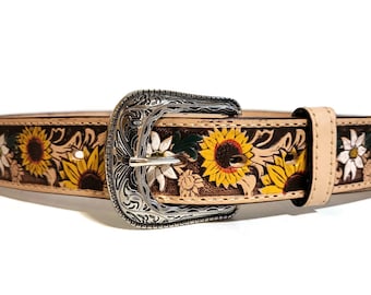 Ceinture en cuir tournesol pour femme, ceinture faite main