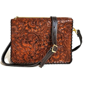 Hand Tooled Leather Shoulder Bag: Floral Carved Veg-Tan, Adjustable Strap