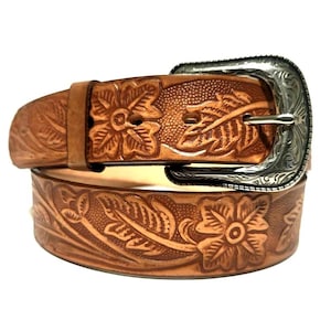 Brown Leather Belt for Women Western Boho Floral Embossed, Personalized