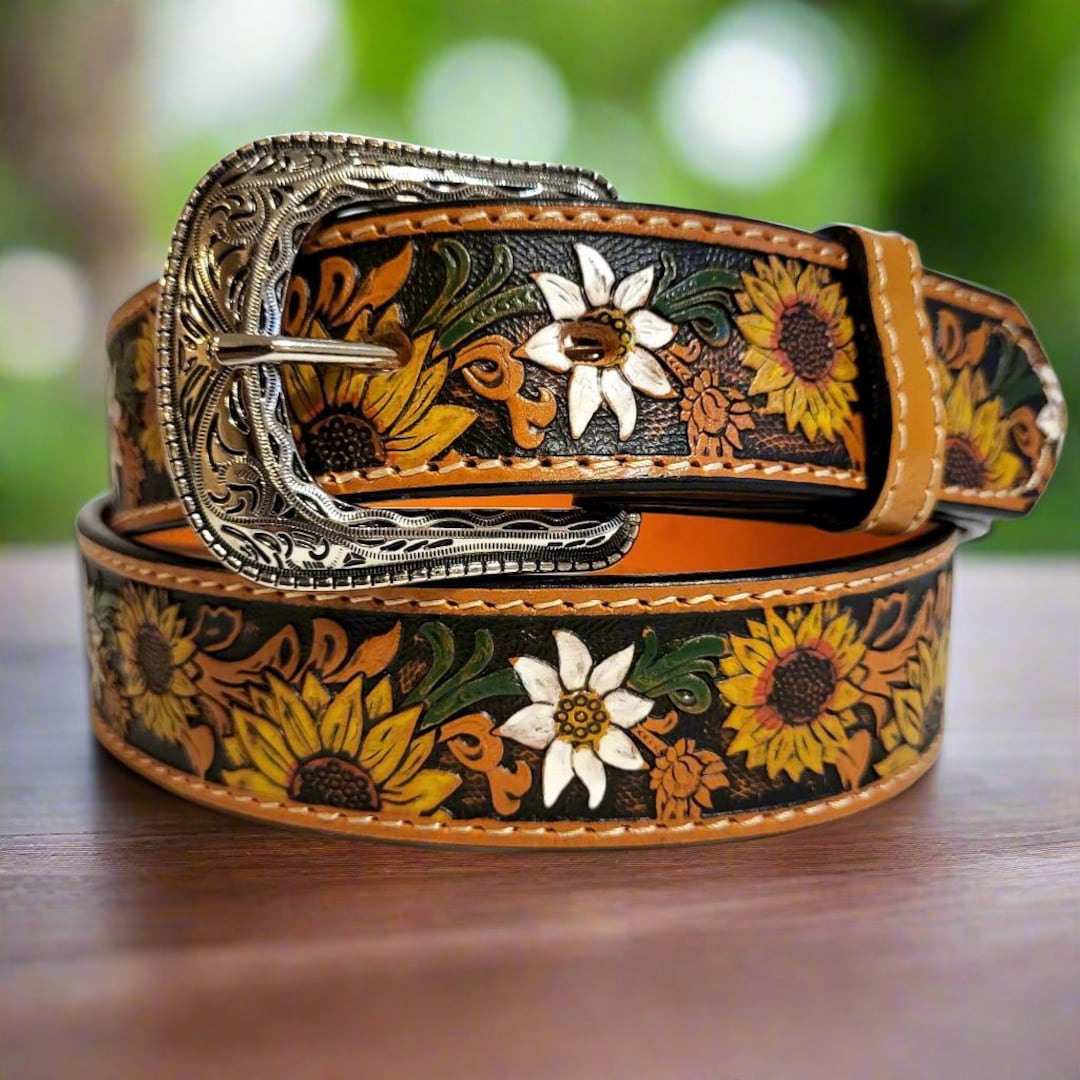 Embossed Sunflower Leather Belt: Western Boho Style With  display picture 2