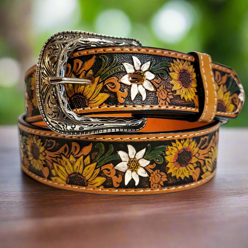 Embossed Sunflower Leather Belt: Western Boho Style With  display picture 2