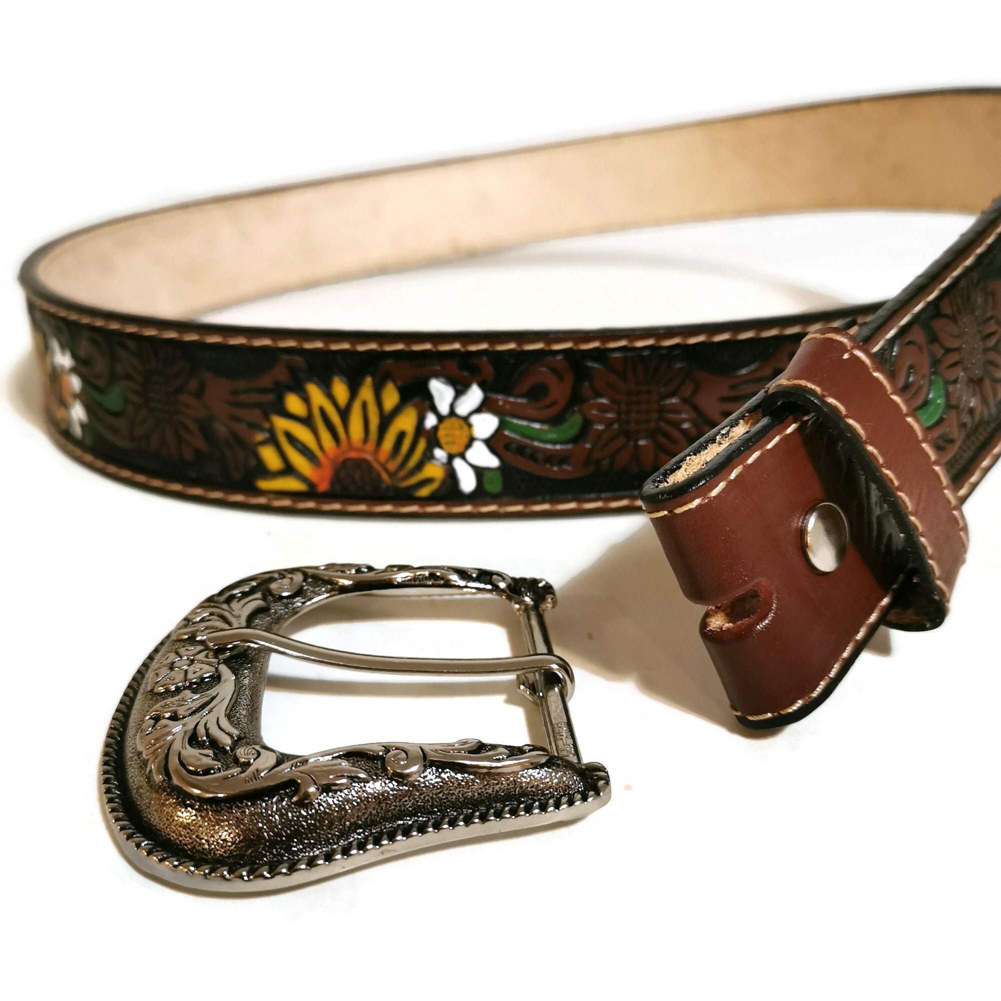 Vintage Gold Tone Sunflower Woven Leather Boho Bohemian Belt One Size Boho Sunflower Embossed Leather Belt: Removable Buckle  main image 3