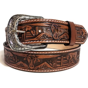 Handcrafted Leather Western Belt: Embossed Bull and Horses, Snap Buckle