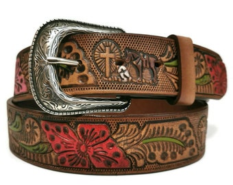 LEATHER BELT for WOMEN, Handmade, Western, Boho , With Removable Buckle, Brown , Embossed, Bohemian, Gift for Her