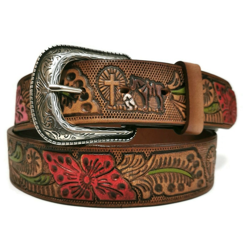 LEATHER BELT for WOMEN, Handmade, Western, Boho , With Removable Buckle, Brown , Embossed, Bohemian, Gift for Her image 1