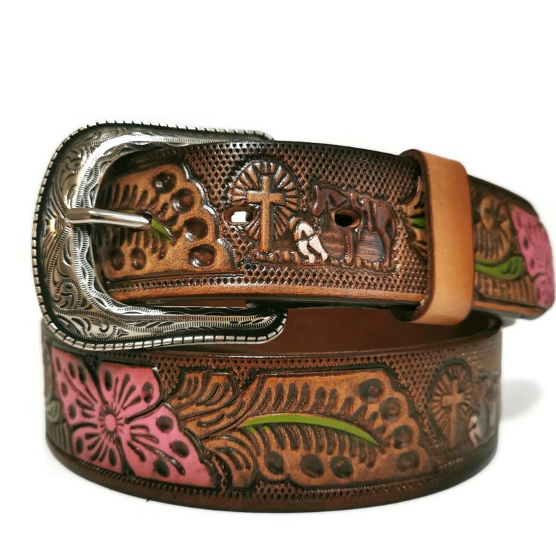 LEATHER BELT for WOMEN, Handmade, Western, Boho , With Removable Buckle, Brown , Embossed, Bohemian, Gift for Her image 5